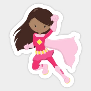 African American Girl, Superhero Girl, Pink Cape Sticker